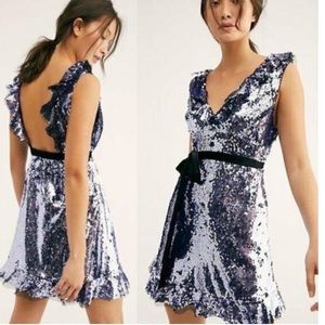 Free People Holiday NYE Dress Violet Sequin Siren Dress with Black Velvet Tie